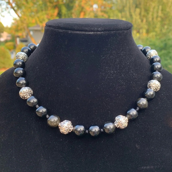 Handmade Golden Sheen Obsidian and Bali Beaded Hand Knotted Necklace - Picture 1 of 2